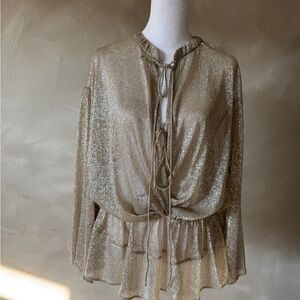 IRO Paris Metallic Nude Gold Sheer Blouse Tie Neck Long Sleeve NWT Size 36